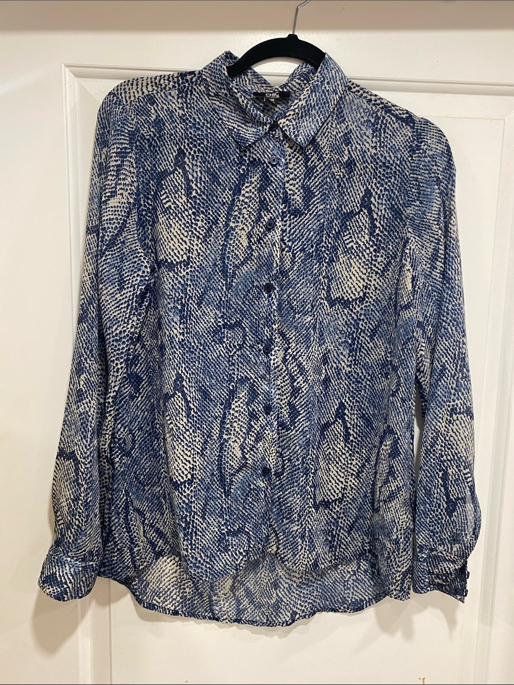 Chic by Jacob Blue and White Snake-Print Button Down Shirt